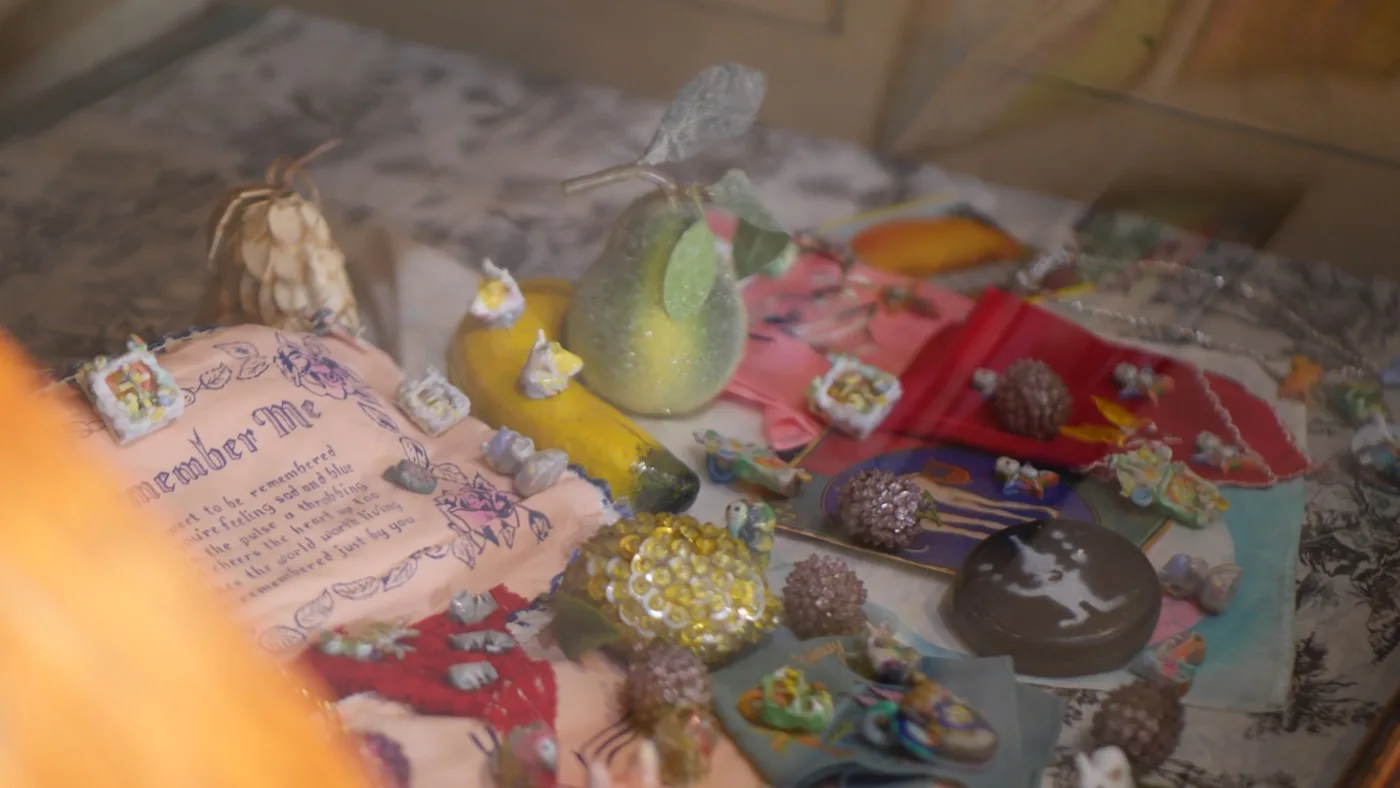 Collection of Amema charms and source objects laid out together