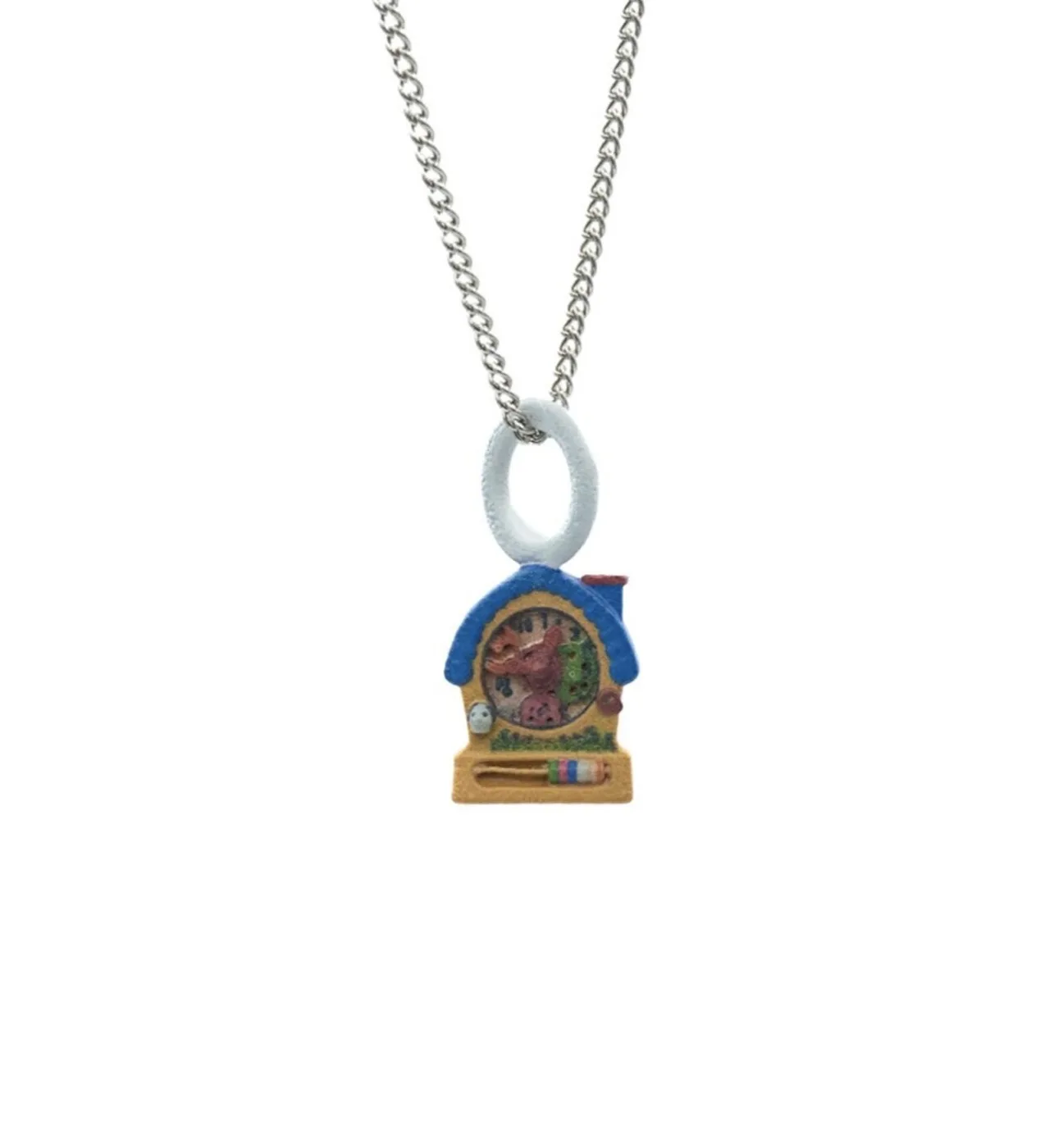 Amema charm necklace: miniature cuckoo-clock house with exposed gears