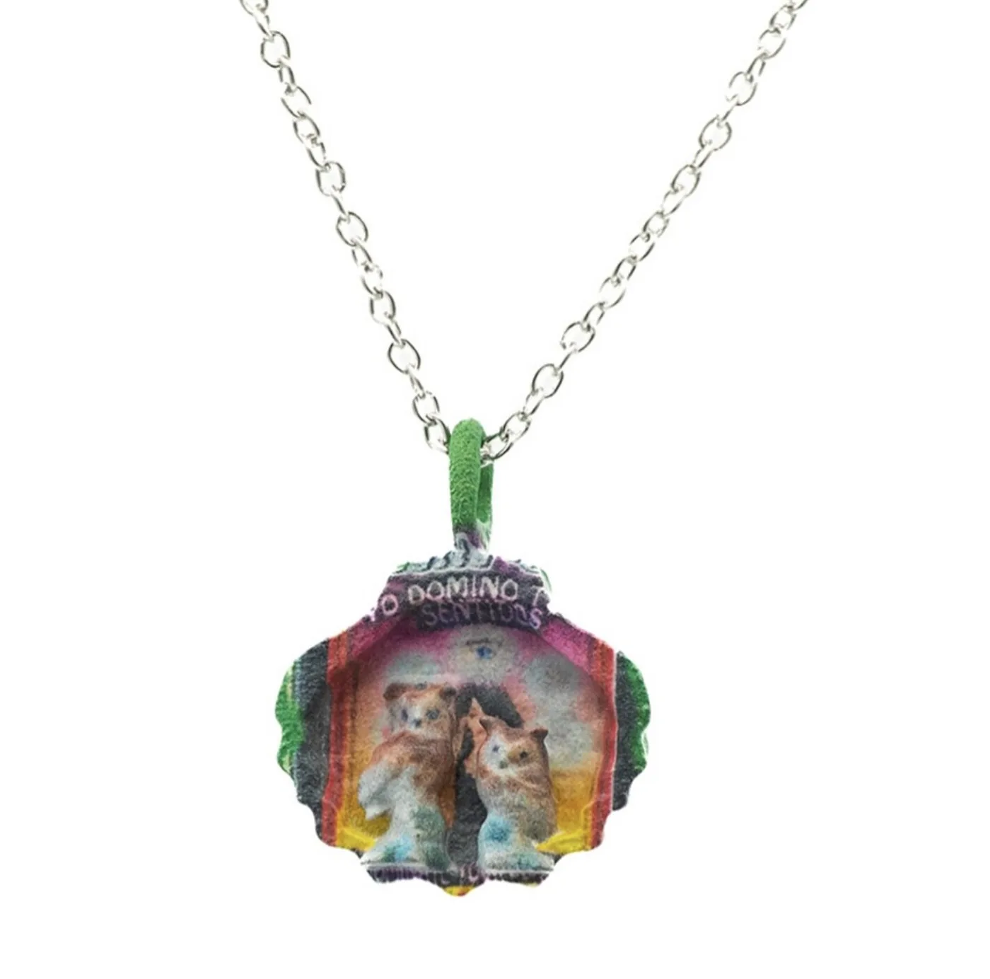 Amema charm necklace: shrine-shaped charm with two kittens under lettering