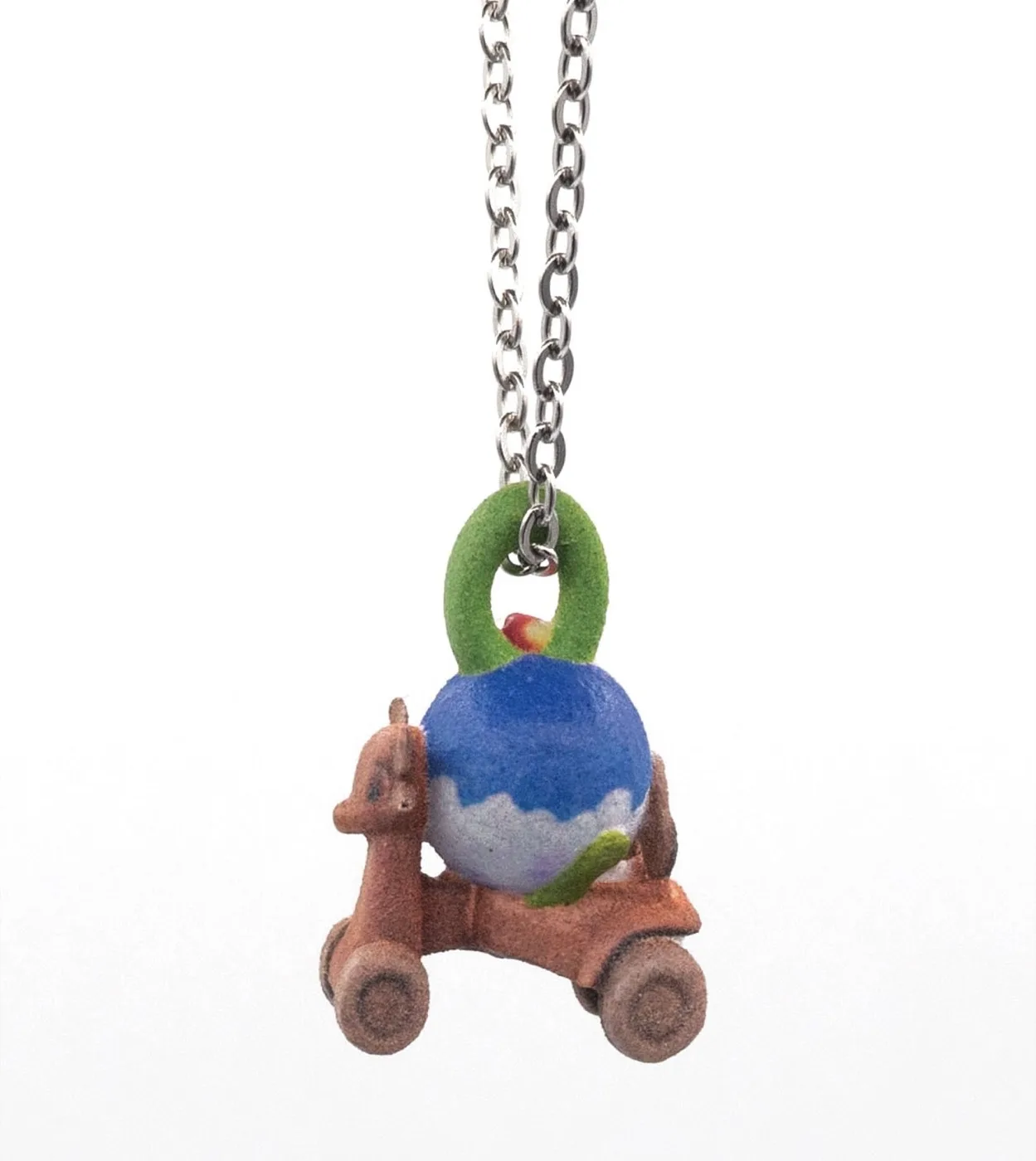 Amema charm necklace: toy donkey cart carrying a blue globe
