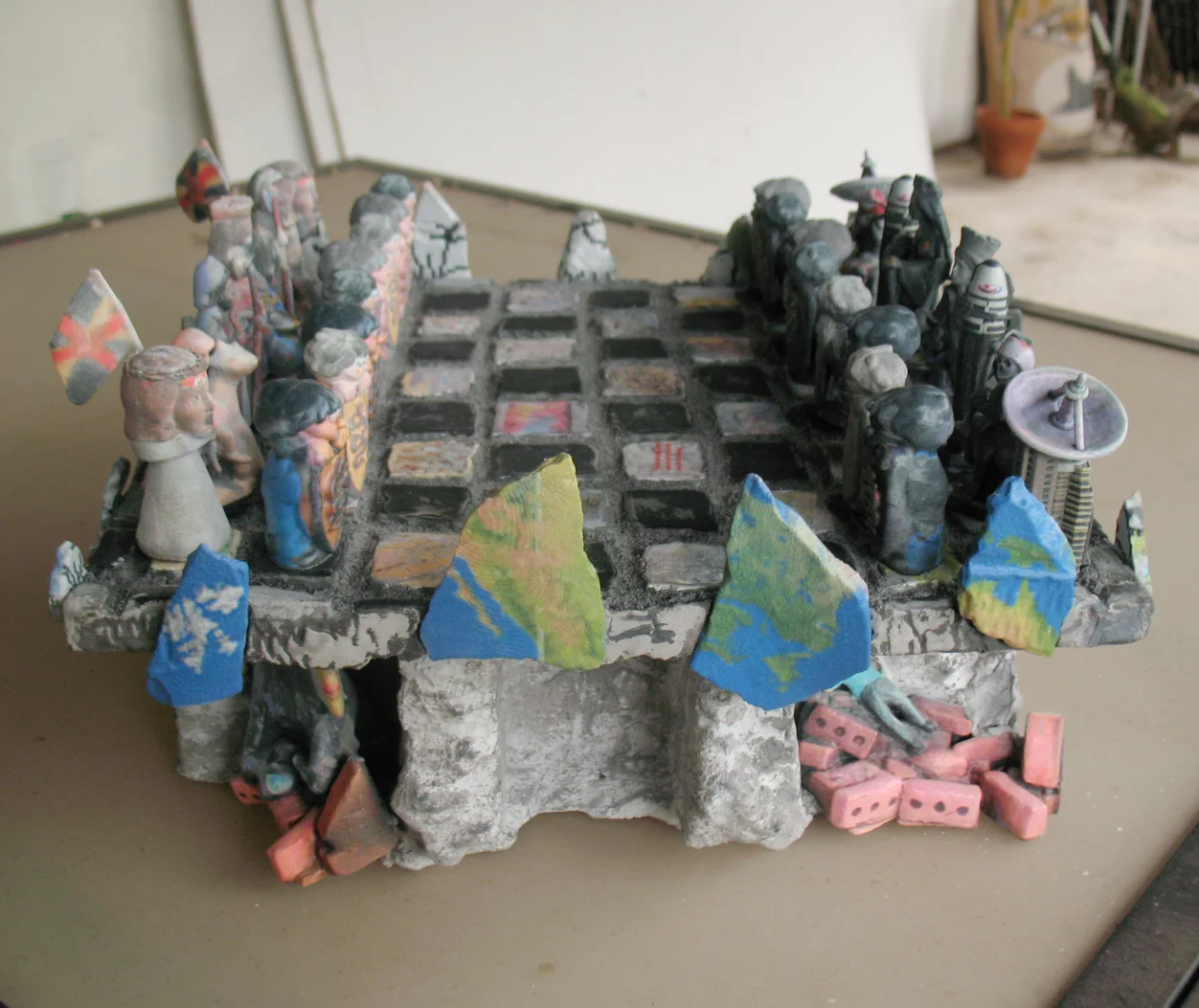 Full-color 3D printed chess set with animal-shaped pieces arranged on a printed board