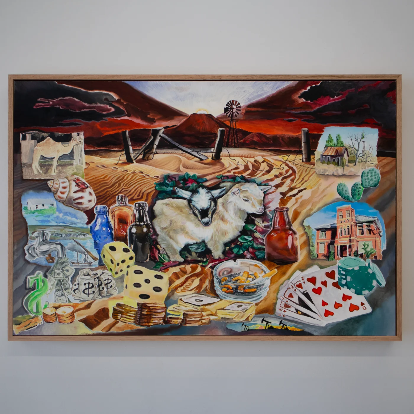 Painting of Progress City, Texas: an invented town rendered at the foot of Santiago Peak, combined with scenes and emblems from other vanished Texas towns