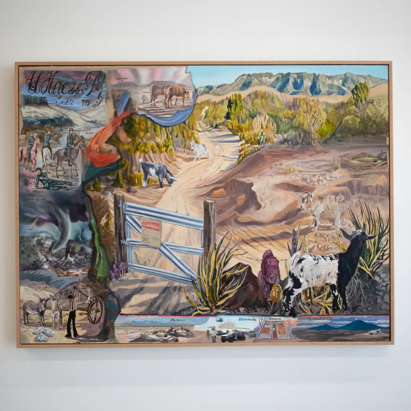 Composite West Texas ranch painting: a blue gate at a dirt crossroads, goats among agave, riders, and inset scenes under distant mountains