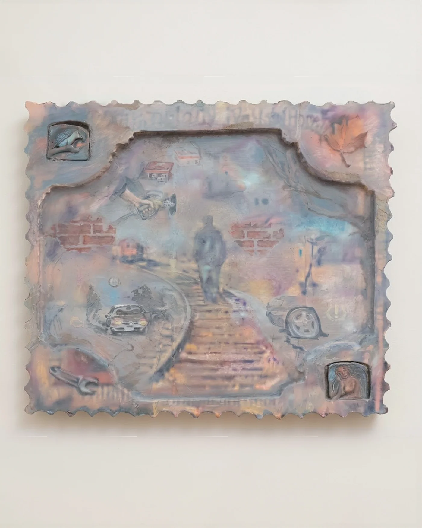 Relief in the shape of a postage stamp with perforated edges: a hazy figure walks away down railroad tracks past a sports car, a wrench, a hand holding a gas-pump nozzle, brick fragments, and small inset reliefs in the corners
