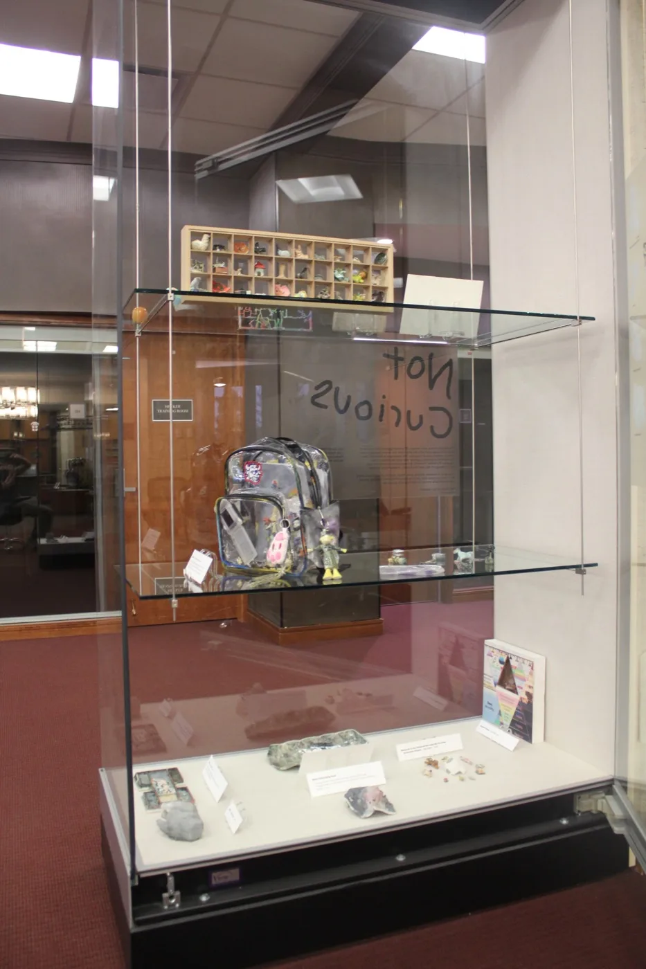 Display case exhibition at the Rockefeller Library, Brown University: objects arranged in a vitrine