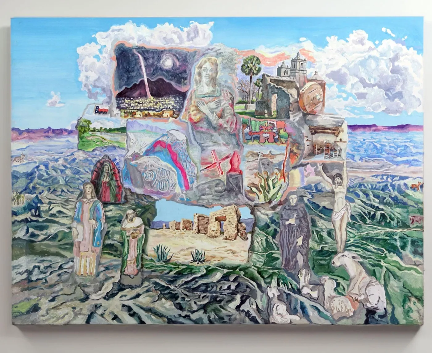 Painting of a supercell storm over the Serranías del Burro: a mesa of inset scenes with saints, ruins, and mission architecture over a green mountain landscape