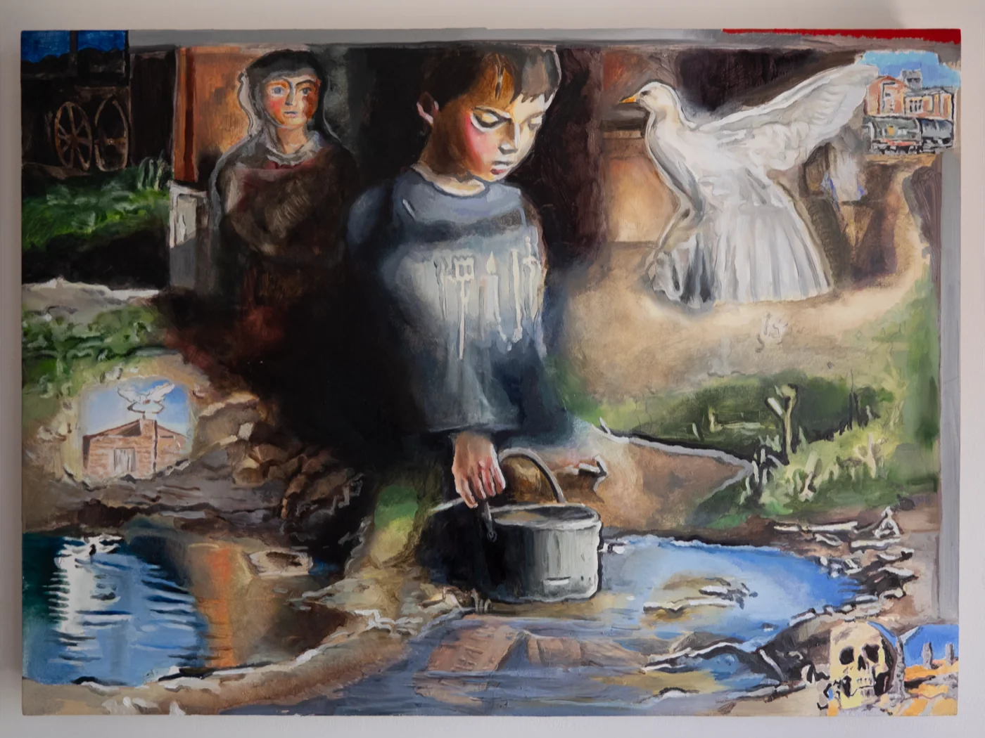 The bucket: a child in a pale smock painted with dripping candles lowers a metal bucket toward a shallow pool; an older figure and a wagon wheel stand in the dark behind, a white goose spreads its wings at right, and inset scenes show a farmhouse, a train, and a skull