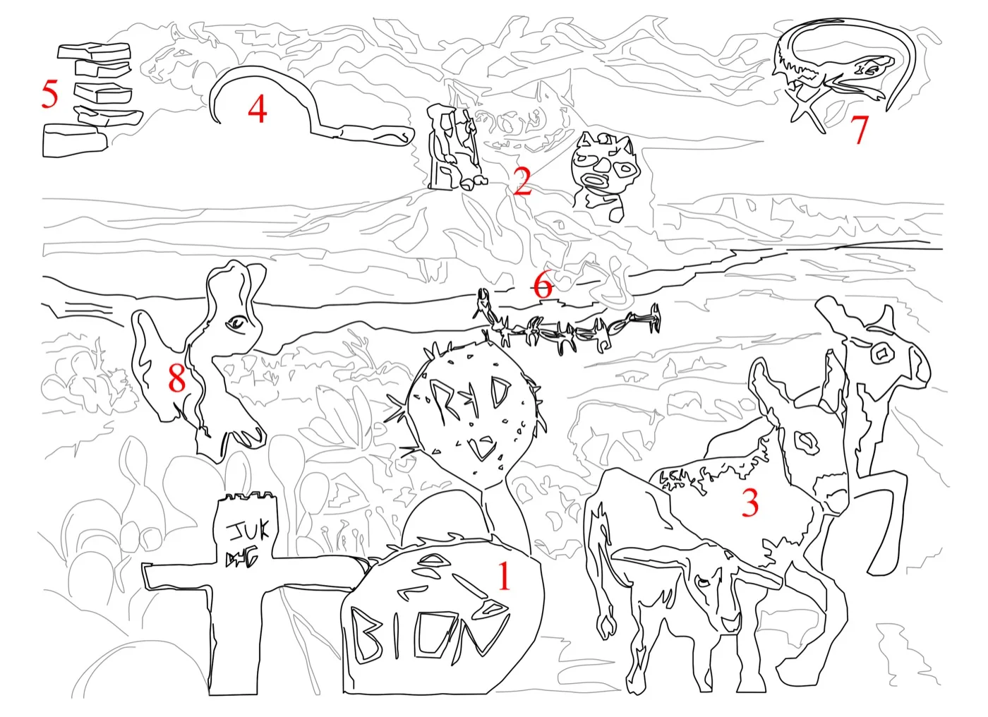 The Treasures of the Field as a line drawing with numbered outlines keying each annotation